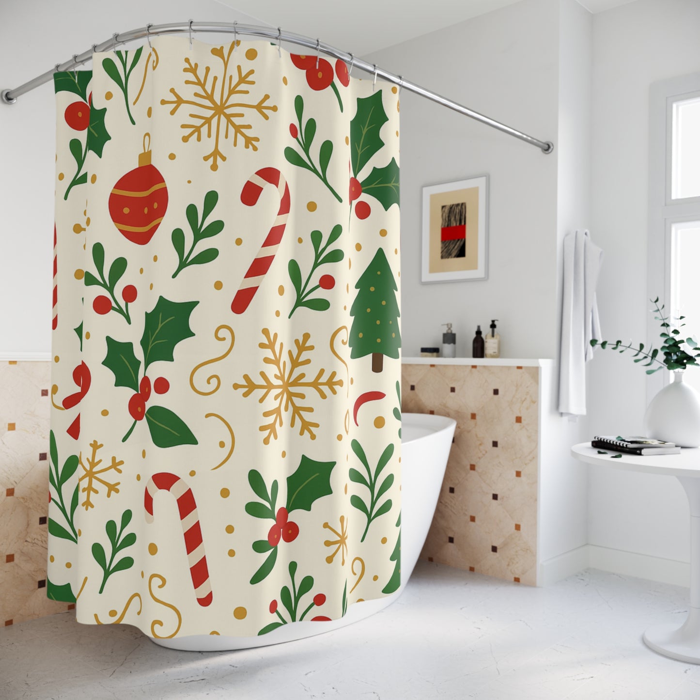 Christmas Shower Curtain — Festive Candy Cane & Holly Holiday Bathroom Decor