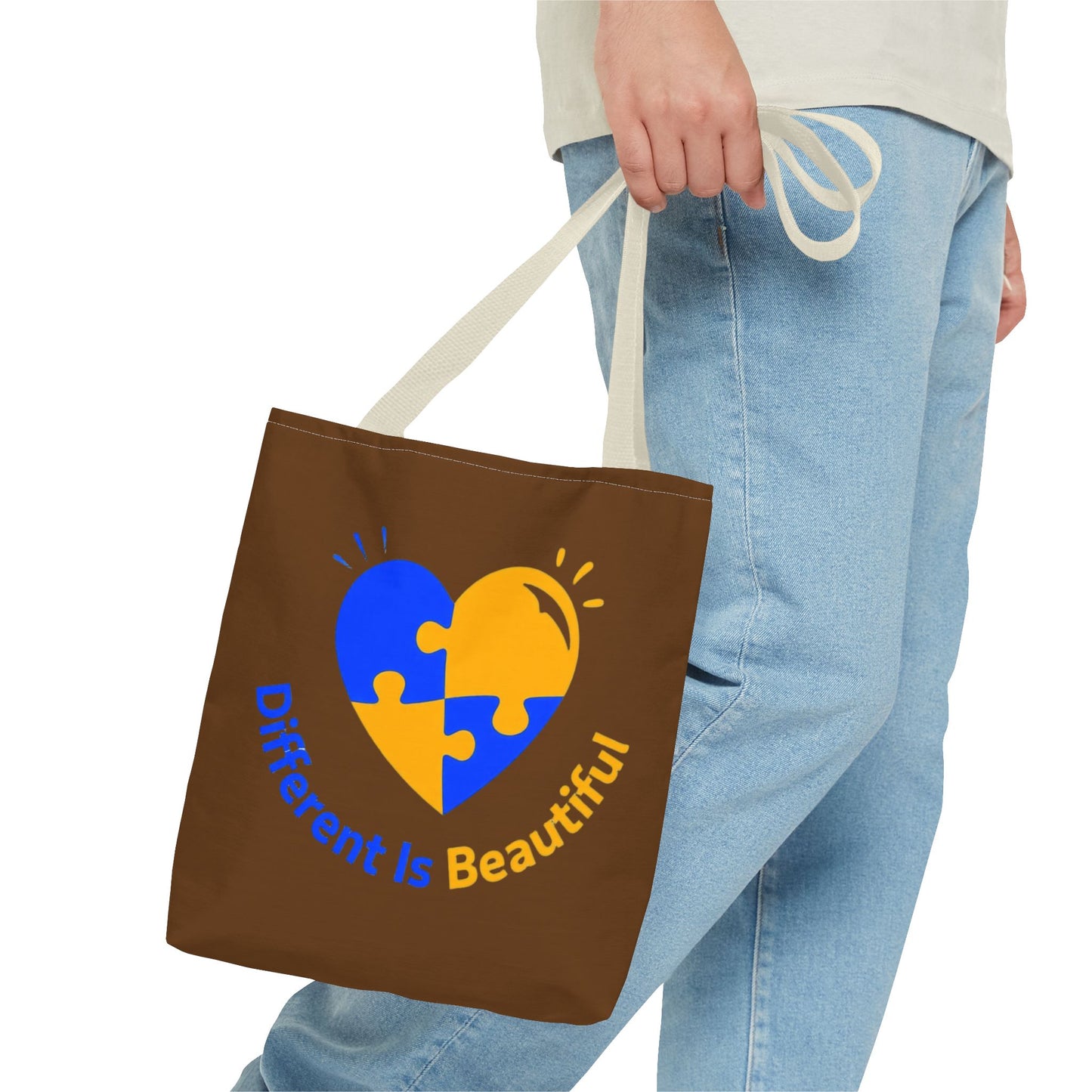 Autism Awareness Puzzle Heart Tote Bag — "Different Is Beautiful" Brown AOP