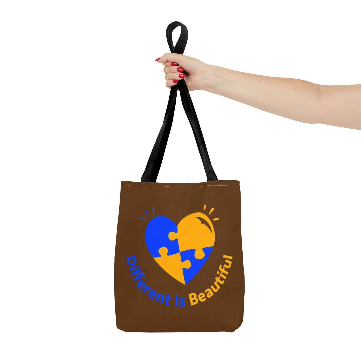 Autism Awareness Puzzle Heart Tote Bag — "Different Is Beautiful" Brown AOP