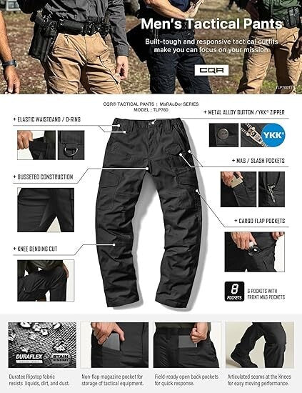 CQR Men Flex Ripstop Tactical Pant, Water Resistant Stretch Cargo Pants 34Wx32L