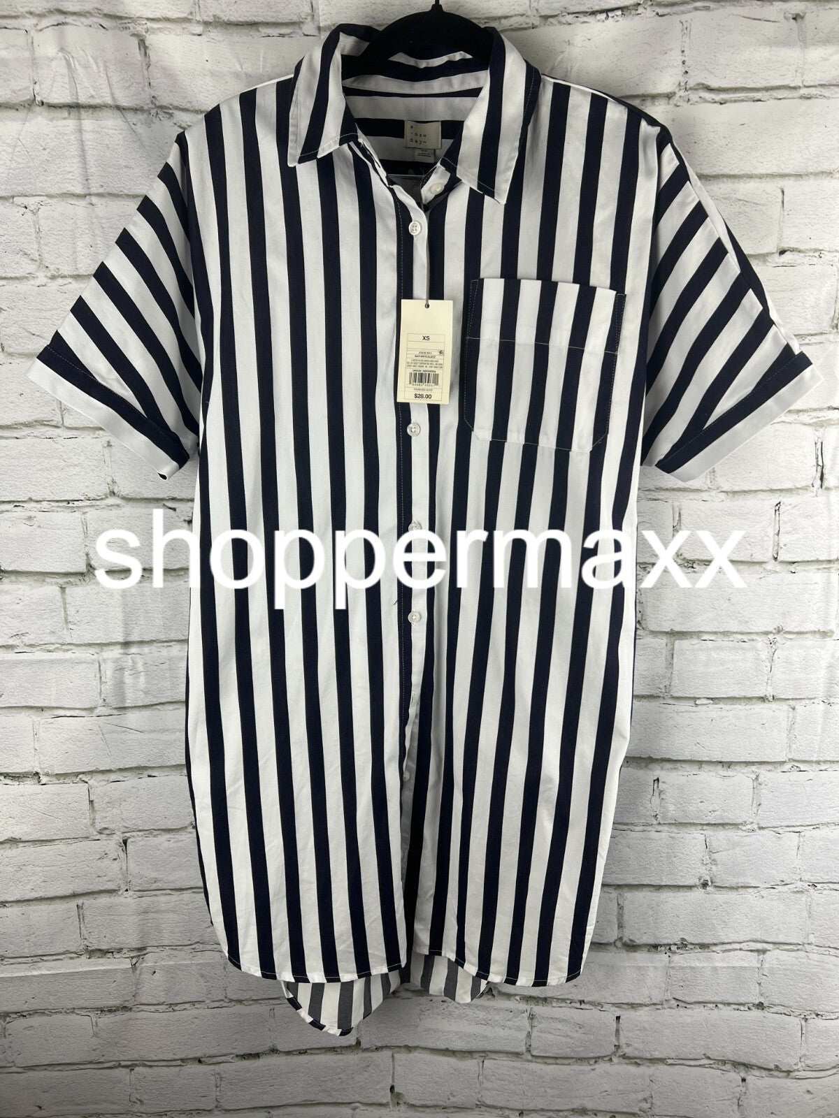 A New Day Women's Short Sleeve Shirtdress, Black White Stripe, Size, SZ- XS