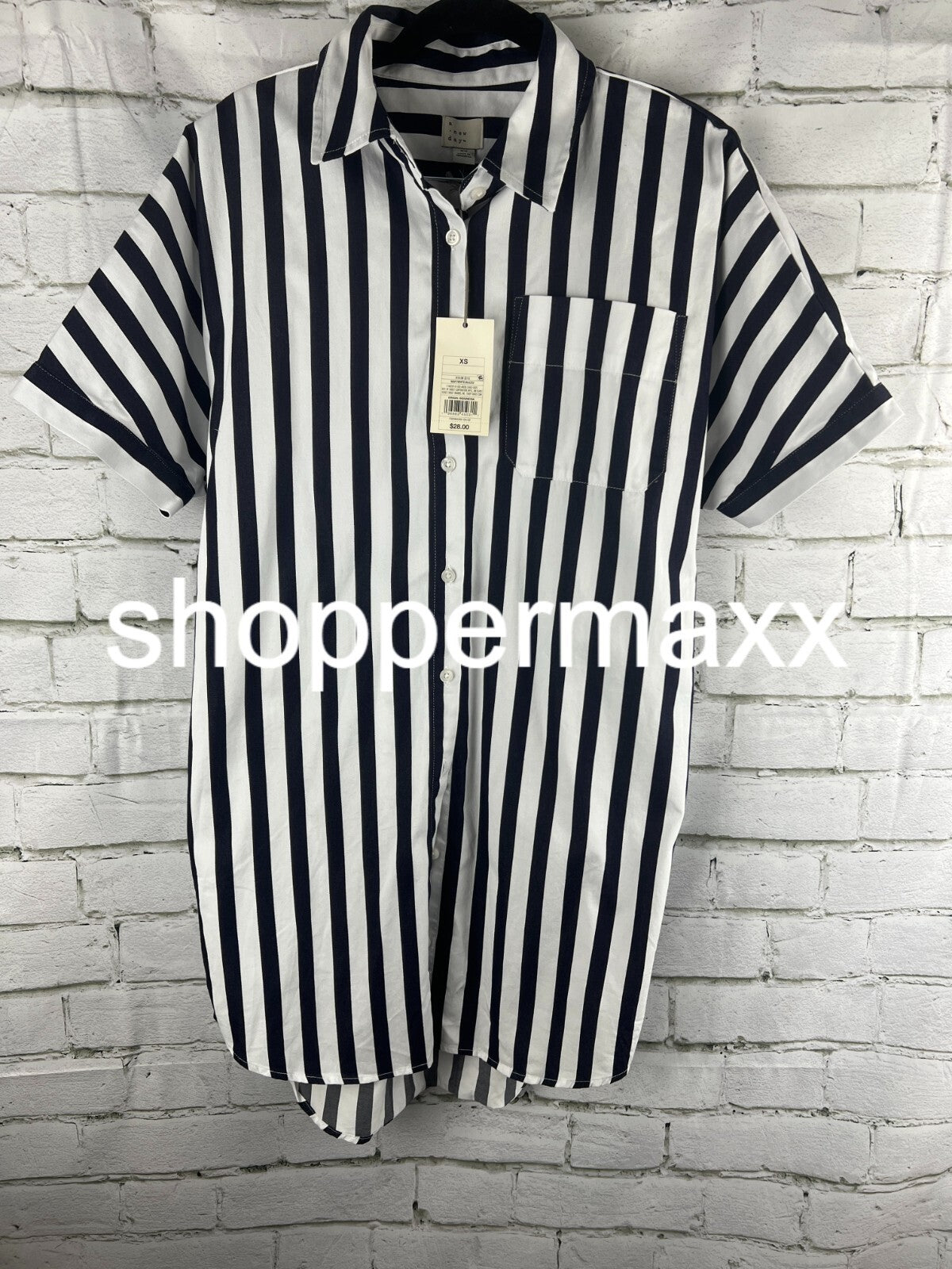 A New Day Women's Short Sleeve Shirtdress, Black White Stripe, Size, SZ- XS