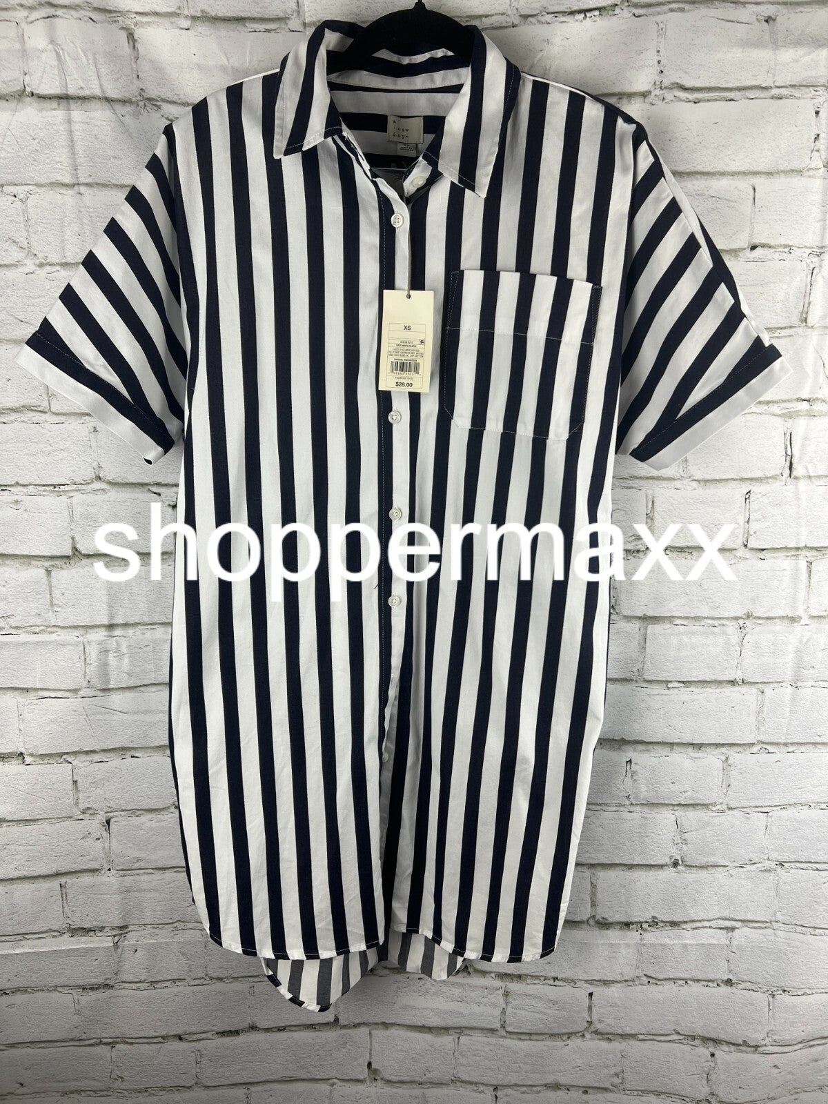 A New Day Women's Short Sleeve Shirtdress, Black White Stripe, Size, SZ- XS