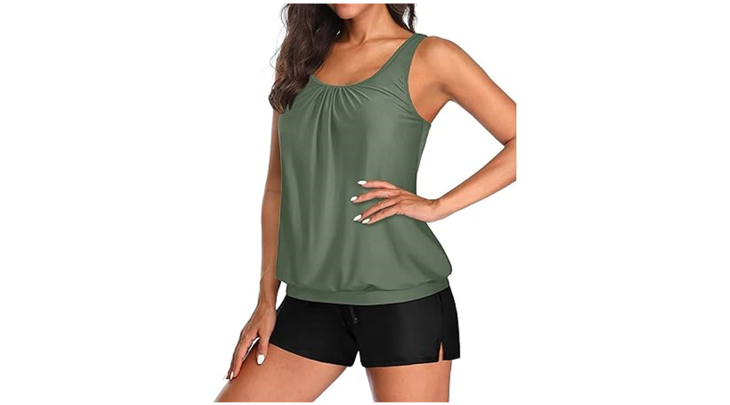 Aqua Eve Two Piece Women's Tankini Swimsuits Blouson Swim Tank Top with Shorts~M