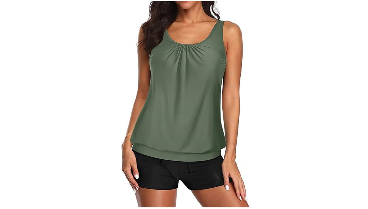 Aqua Eve Two Piece Women's Tankini Swimsuits Blouson Swim Tank Top with Shorts~M