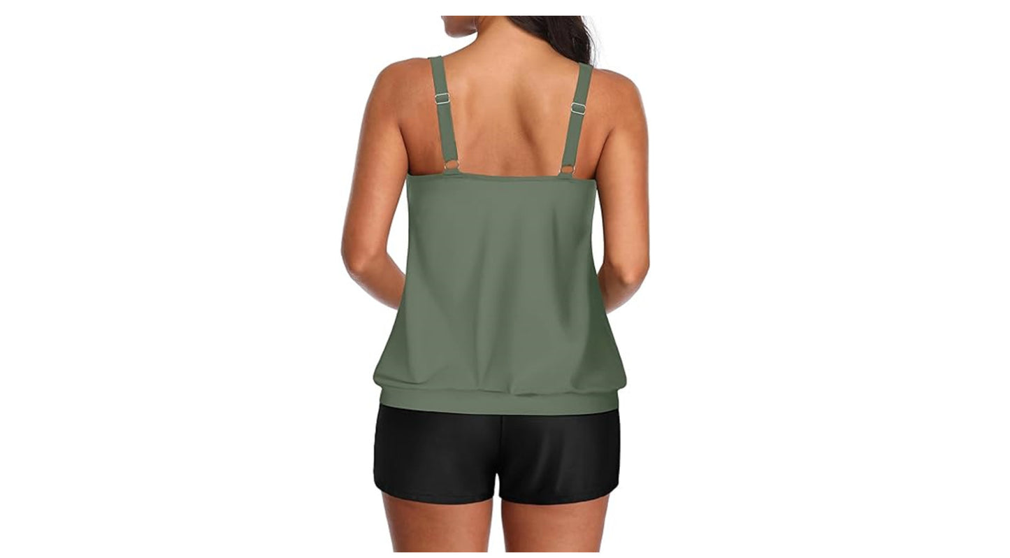 Aqua Eve Two Piece Women's Tankini Swimsuits Blouson Swim Tank Top with Shorts~M