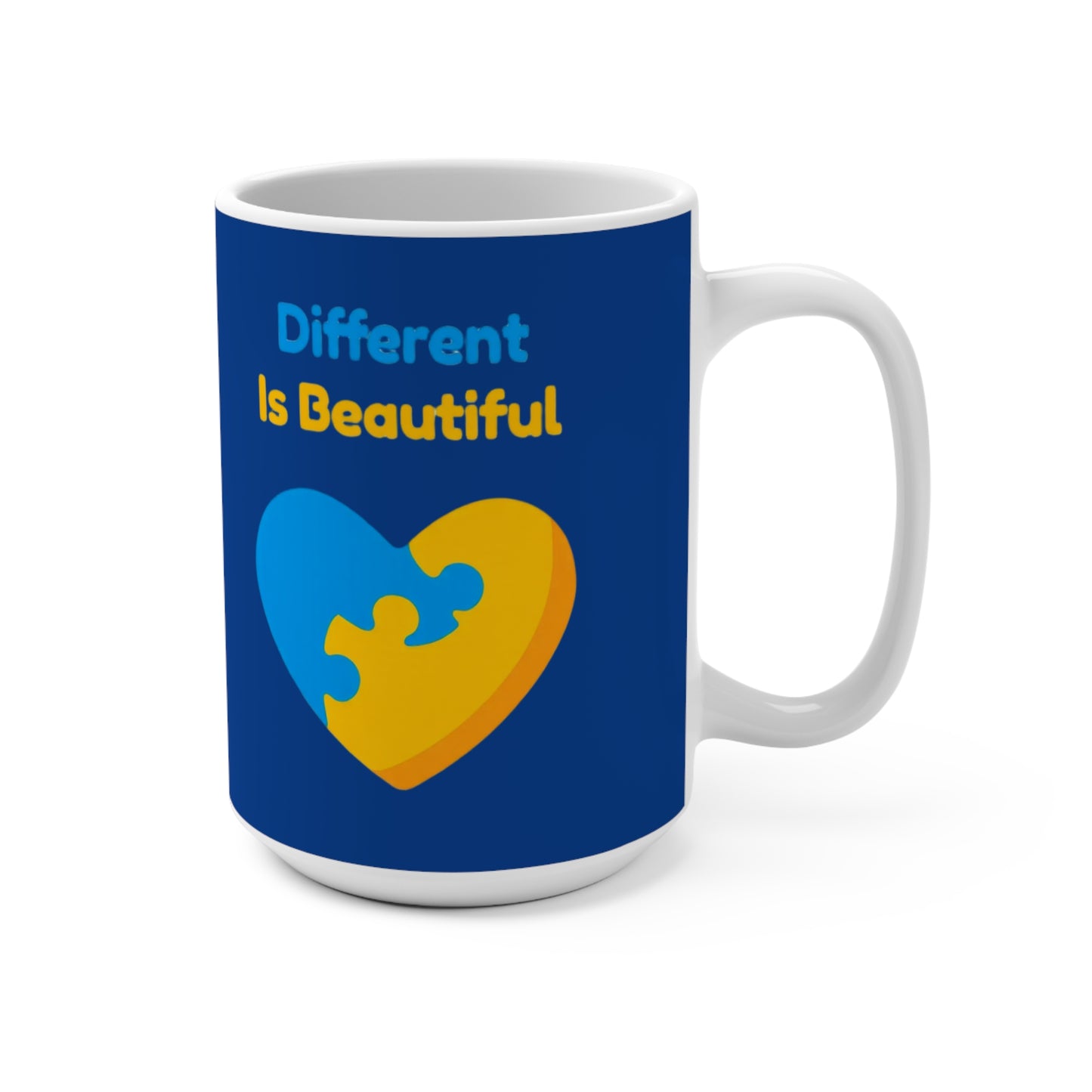 Autism Awareness 15oz Mug — "Different Is Beautiful" Heart Puzzle Design