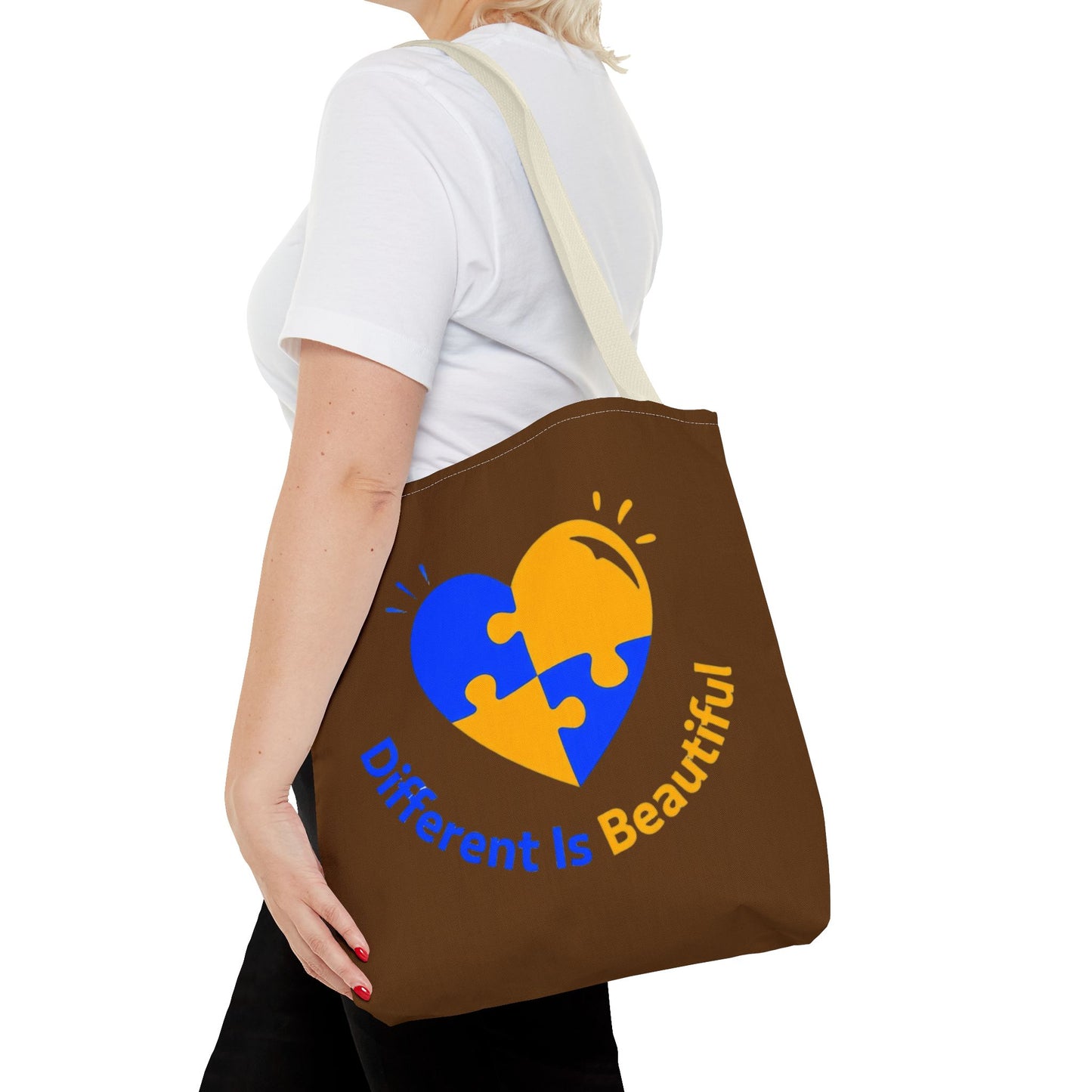 Autism Awareness Puzzle Heart Tote Bag — "Different Is Beautiful" Brown AOP