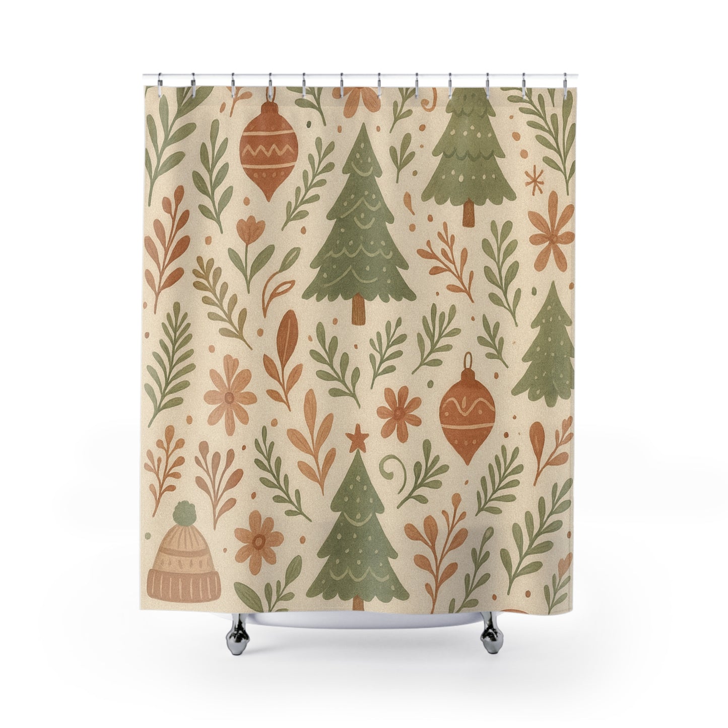 Christmas Tree Pattern Shower Curtain — Neutral Festive Holiday Bathroom Decor