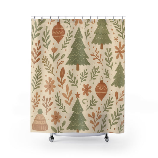 Christmas Tree Pattern Shower Curtain — Neutral Festive Holiday Bathroom Decor
