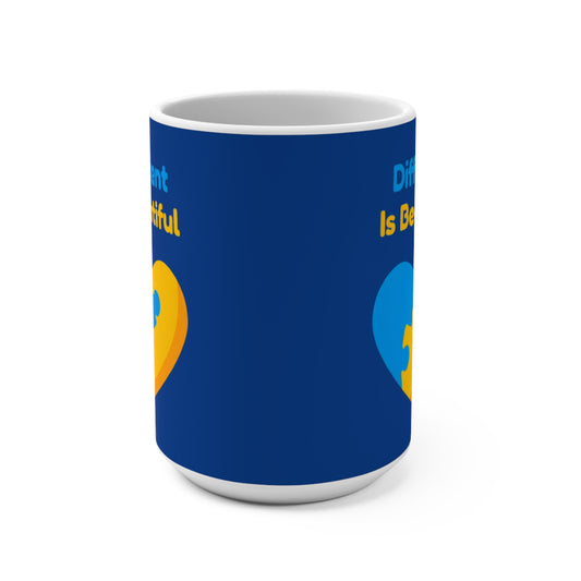 Autism Awareness 15oz Mug — "Different Is Beautiful" Heart Puzzle Design