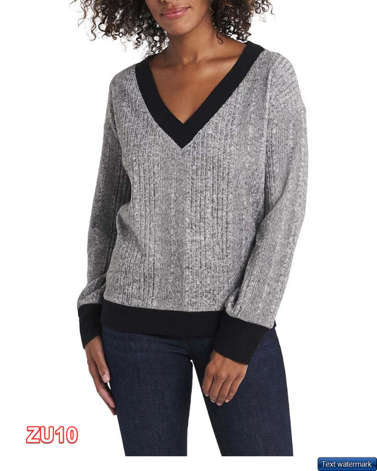 Vince Camuto Heather Gray Brushed-Rib Long-Sleeve V-Neck Sweater - Women XXS
