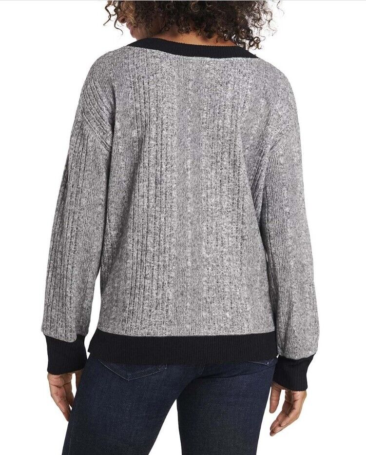 Vince Camuto Heather Gray Brushed-Rib Long-Sleeve V-Neck Sweater - Women XXS