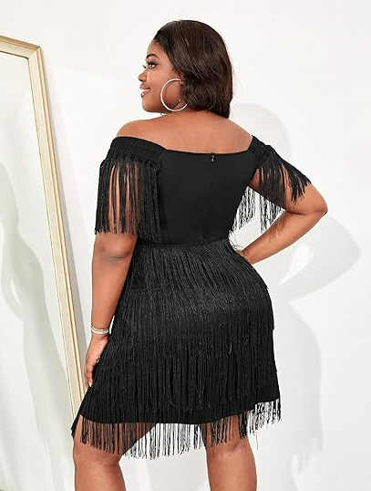 WDIRARA Womens Plus SZ Off Shoulder Fringe Hem High Rise Bodycon Party Dress XXL