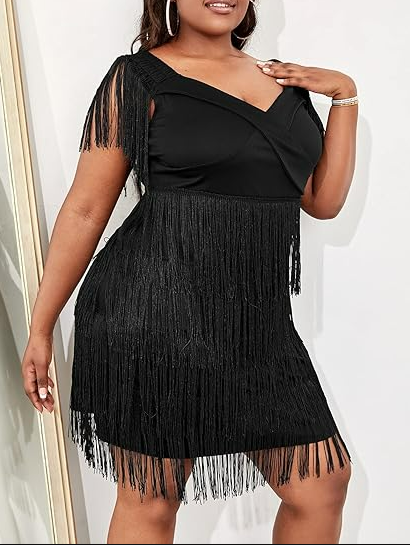 WDIRARA Womens Plus SZ Off Shoulder Fringe Hem High Rise Bodycon Party Dress XXL