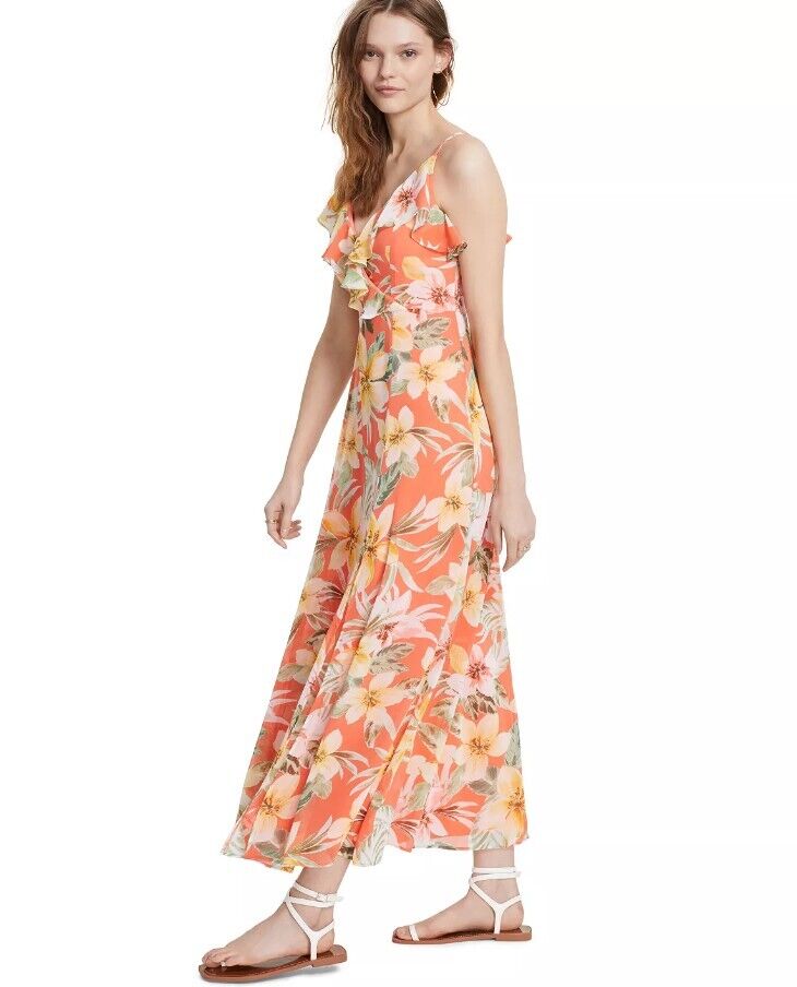 Bar III Womens Floral-Print Ruffled M Coral Fusion Combo XS