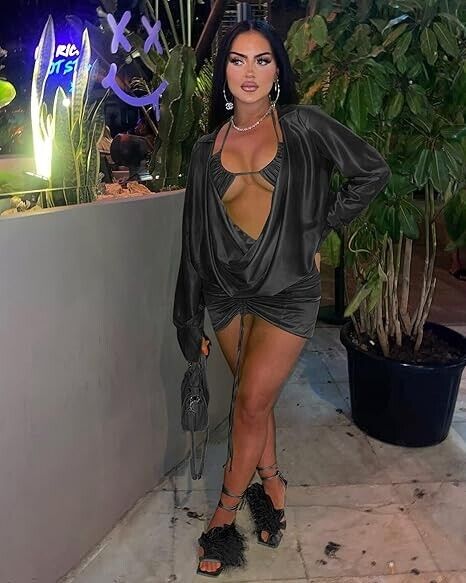 Women Long Sleeve Two Piece Skirt Set Satin Bodycon Mini Dress Sexy Club Dress L
