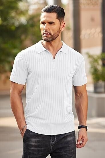 COOFANDY Men's Zipper Polo Shirts Short Sleeve Ribbed Knit Polo Golf T-Shirts, L