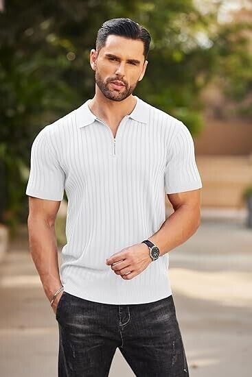 COOFANDY Men's Zipper Polo Shirts Short Sleeve Ribbed Knit Polo Golf T-Shirts, L