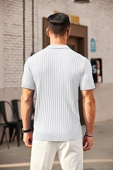 COOFANDY Men's Zipper Polo Shirts Short Sleeve Ribbed Knit Polo Golf T-Shirts, L