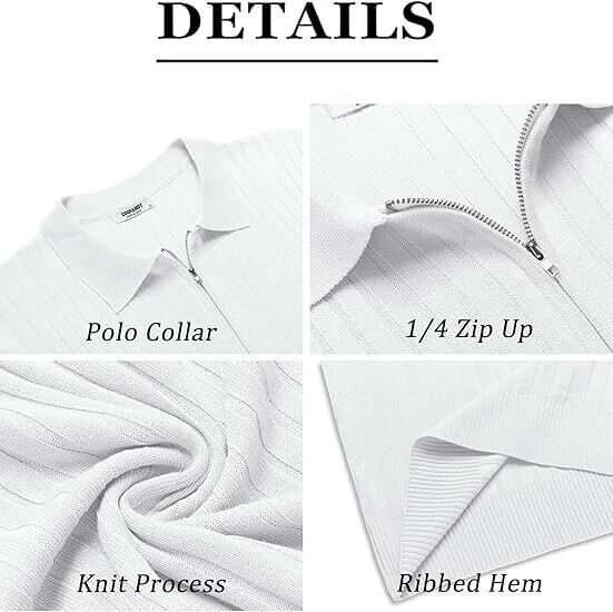 COOFANDY Men's Zipper Polo Shirts Short Sleeve Ribbed Knit Polo Golf T-Shirts, L