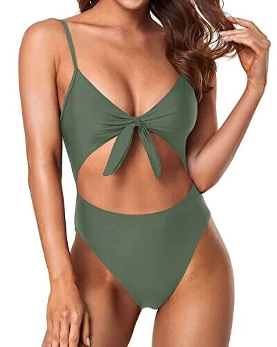 TEMT ME Sexy V-Neck Cutout Tie Knot Front One Piece Swimsuit- Olive Green, Small