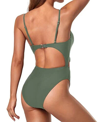 TEMT ME Sexy V-Neck Cutout Tie Knot Front One Piece Swimsuit- Olive Green, Small