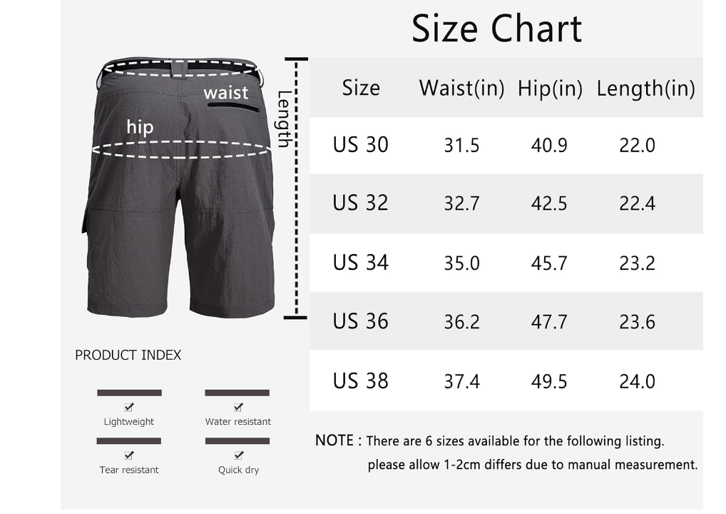 Vcansion Men's Outdoor Hiking Shorts Quick Dry Travel Cargo Shorts Tactical 36