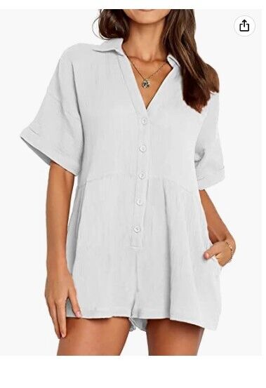 DEEP SELF Women's Shorts Rompers Button Down Collared Jumpsuit with Pockets M