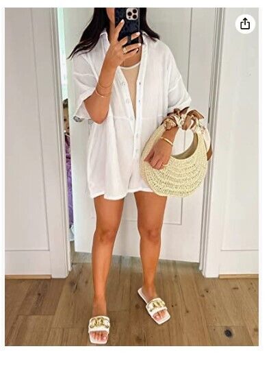 DEEP SELF Women's Shorts Rompers Button Down Collared Jumpsuit with Pockets M