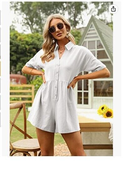 DEEP SELF Women's Shorts Rompers Button Down Collared Jumpsuit with Pockets M