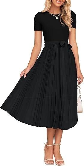 ZESICA Women Summer Short Sleeve Midi Dresses NO BELT Spring Crew Neck Dress, L