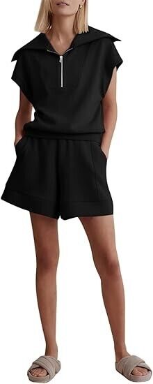 Zwurew Workout Sets Women's 2 Piece Casual Summer Cap Sleeve Shirts & Shorts, XL