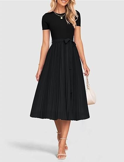ZESICA Women Summer Short Sleeve Midi Dresses NO BELT Spring Crew Neck Dress, L