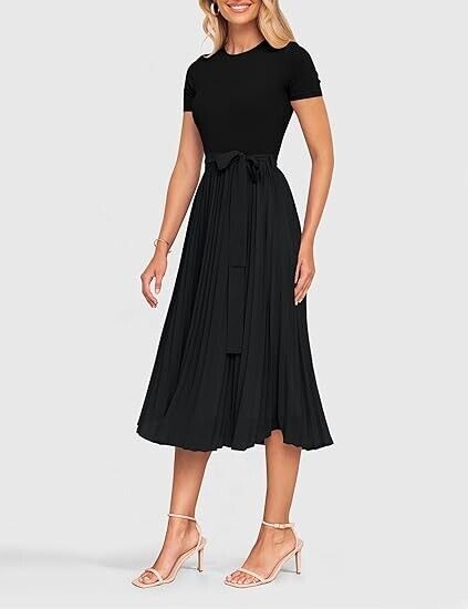 ZESICA Women Summer Short Sleeve Midi Dresses NO BELT Spring Crew Neck Dress, L