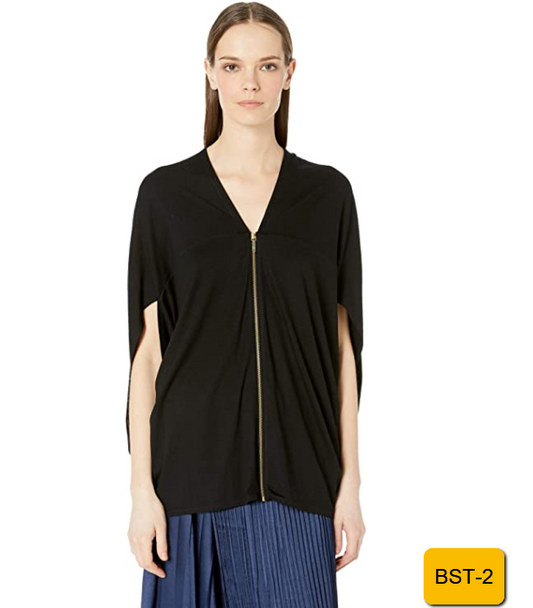 $175 Nicole Miller Women's Black Jersey Cacoon Zip Front Short Sleeve Top Size L