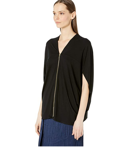$175 Nicole Miller Women's Black Jersey Cacoon Zip Front Short Sleeve Top Size L