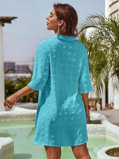 Blooming Jelly Women Bathing Suit Coverup Swiss Dot Beach Swim Cover Up Shirt, M