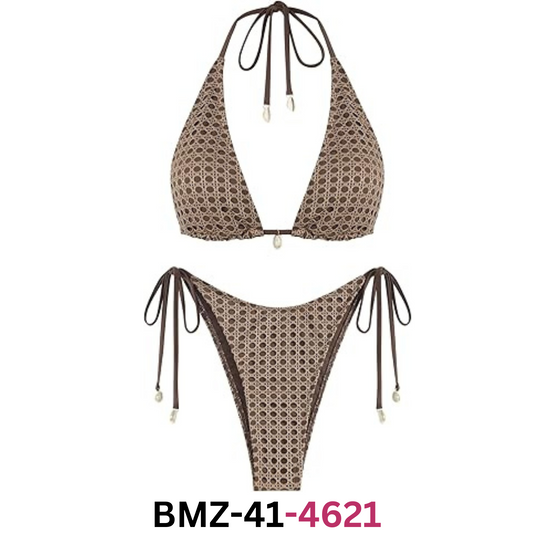 ZAFUL Women's Triangle Multiway Fishnet Tie Side Bandeau Halter String Bikini, S