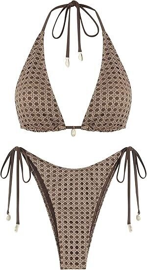 ZAFUL Women's Triangle Multiway Fishnet Tie Side Bandeau Halter String Bikini, S