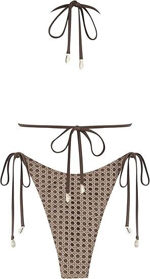 ZAFUL Women's Triangle Multiway Fishnet Tie Side Bandeau Halter String Bikini, S