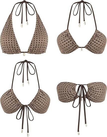 ZAFUL Women's Triangle Multiway Fishnet Tie Side Bandeau Halter String Bikini, S