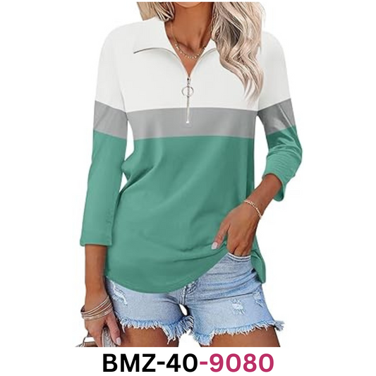 TICTICMISS Women's 3/4 Sleeve Tops V-Neck T-Shirt Zipper Color Block Shirts, XL