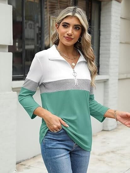 TICTICMISS Women's 3/4 Sleeve Tops V-Neck T-Shirt Zipper Color Block Shirts, XL