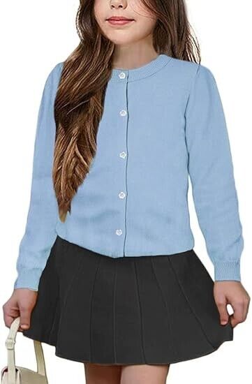 UELoop Girls Cardigan Button Up Soft Cotton Crew Neck Long Sleeve Sweater, 7-8Yr