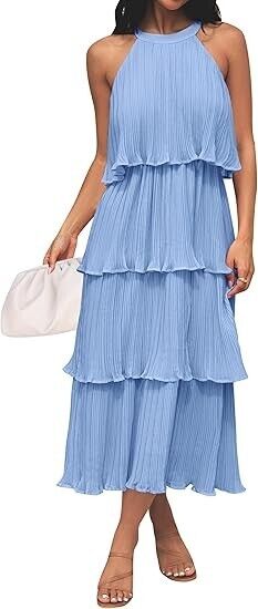 ZESICA Women Summer Sleeveless Halter Neck Ruffle Tiered Layed Chiffon Dress, L