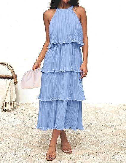 ZESICA Women Summer Sleeveless Halter Neck Ruffle Tiered Layed Chiffon Dress, L