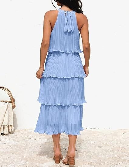 ZESICA Women Summer Sleeveless Halter Neck Ruffle Tiered Layed Chiffon Dress, L