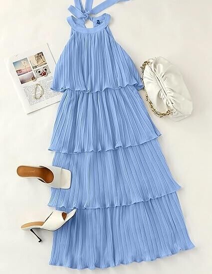 ZESICA Women Summer Sleeveless Halter Neck Ruffle Tiered Layed Chiffon Dress, L