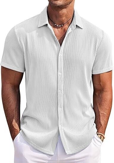 COOFANDY Men Short Sleeve Button Up Shirt Big & Tall Summer Beach Linen Shirt, L